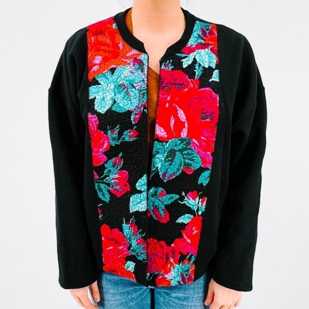 Gildan Custom Upcycled Quilted Floral Open Front Sweatshirt Cardigan Black XL